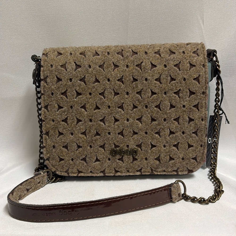O Bag Shoulder Bag Floral Felt Flap and Chain Handle Tan/Green NWT